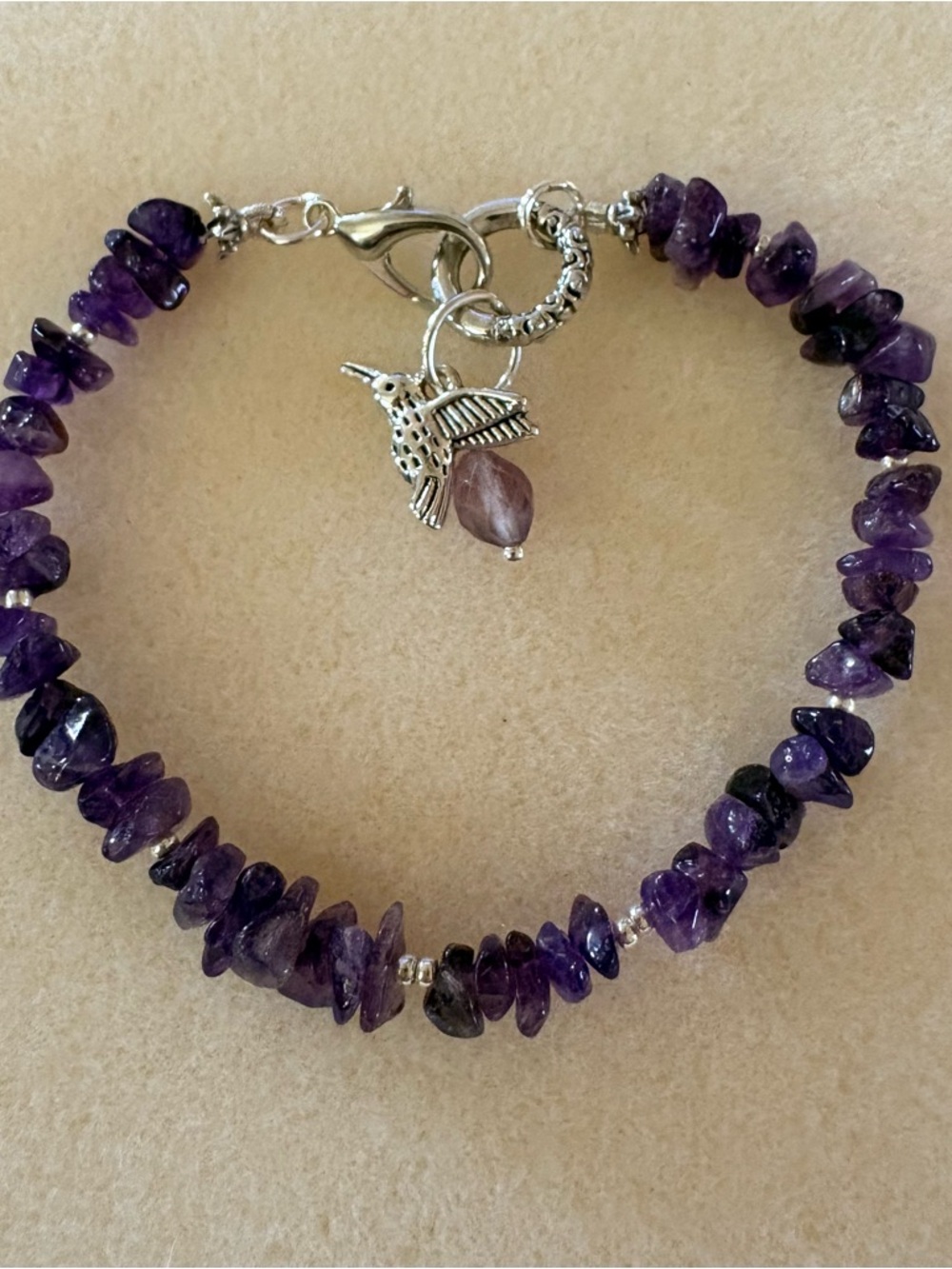 Dainty Purple Amethyst Chip Bracelet with Hummingbird Charm. 7.25 inches
